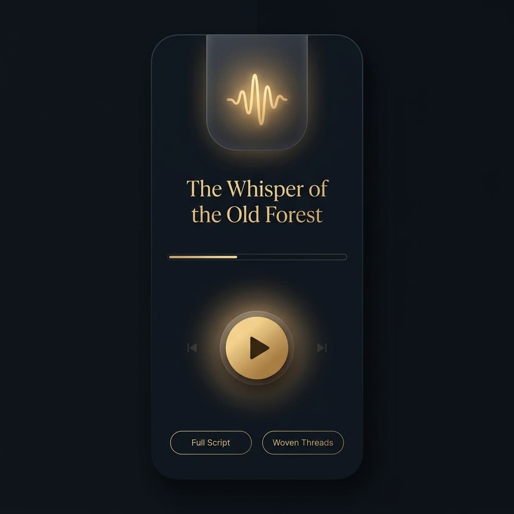 Echo Thread Dark Theatre mobile app showing an immersive audio player for personalized language learning stories